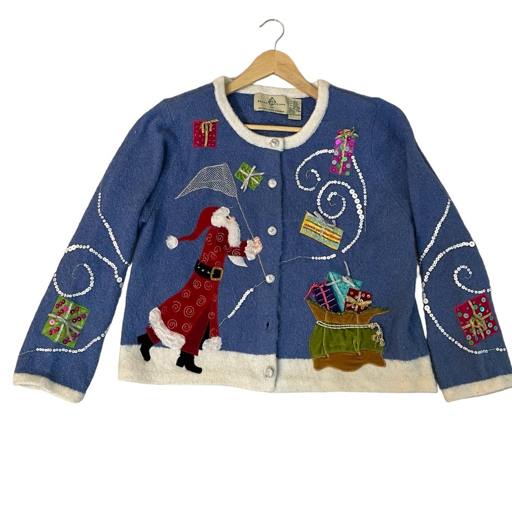 Vintage Holiday Santa Embroidered Blue Cardigan Sweater